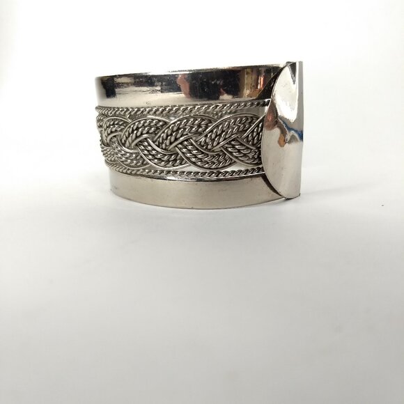 Silver Tone Braided Cuff Bracelet  Preppy Modern Western Stamped Mark Front - Picture 4 of 9